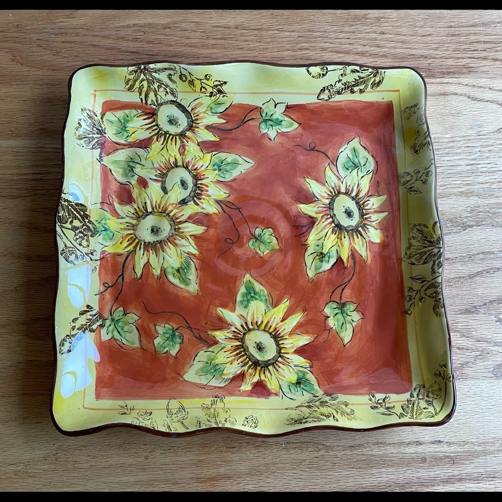 GUC Orange Rooster Sunflower Floral Ceramic Platter